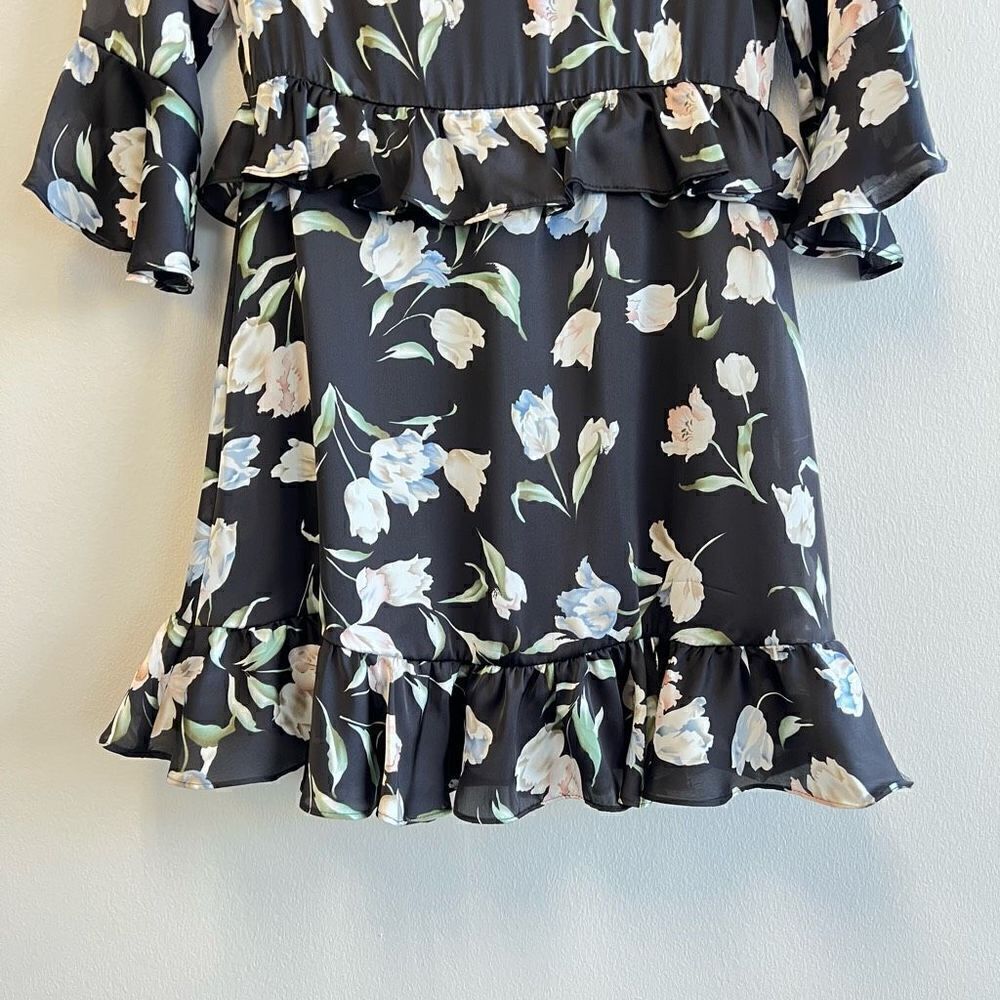 NWT Avec Les Filles Black Floral Print Ruffle A Line Mini Dress Size 6 - Picture 6 of 13